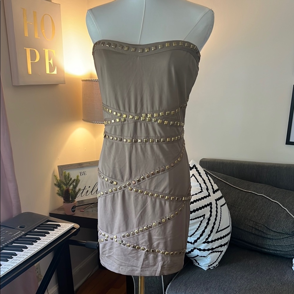 Studded Strapless Tan Dress